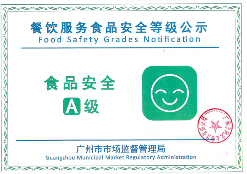 餐饮服务食品安全等级公示证书